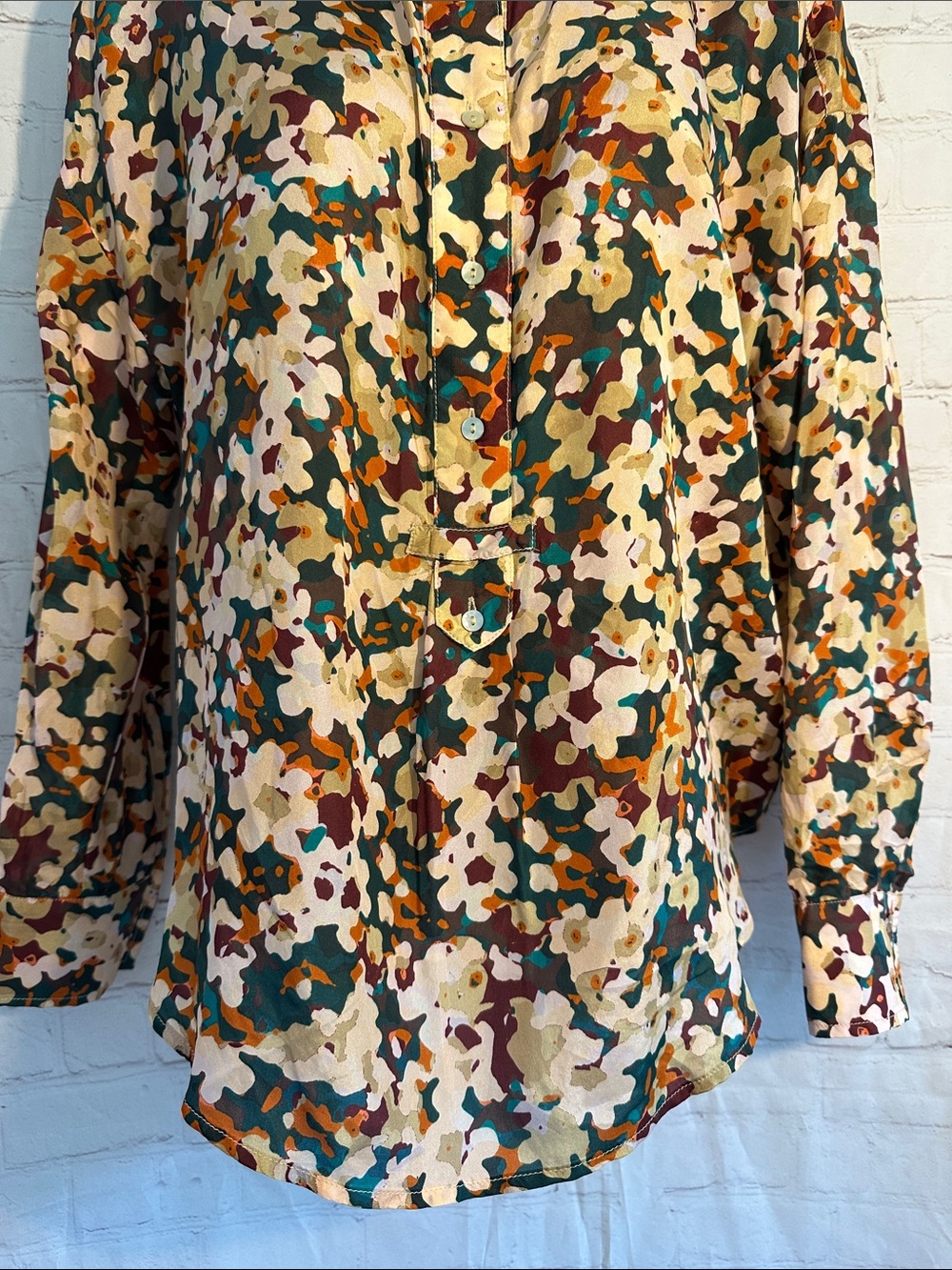 Johnny Was Calme Silk 1/2 Half Button Down Blouse in Floral Brown & Green New - Picture 6 of 10